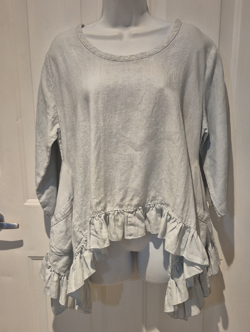Heart's Desire Linen Butterfly Light Gray Ruffle Hem Women's Top By Mary Grace.